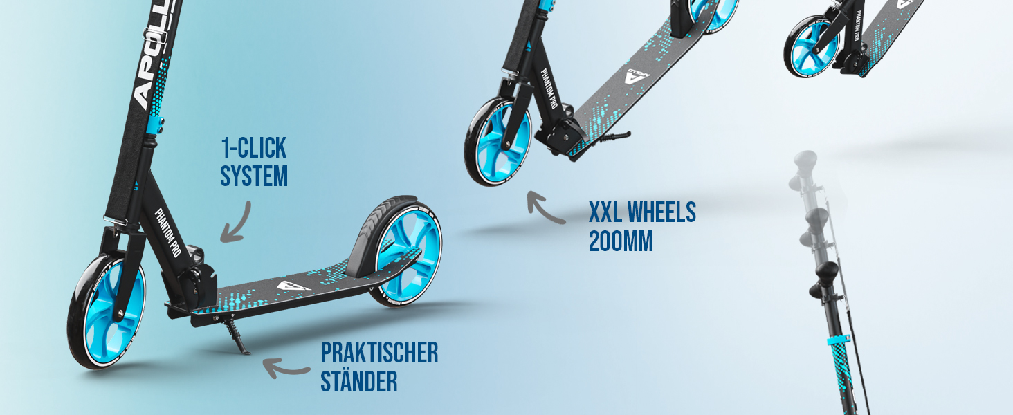 Скутер Apollo Phantom Pro City з LED-підсвіткою - розкладний, регульований по висоті, для дорослих, дітей та підлітків