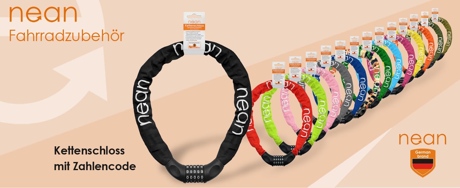 Замок для велосипеда Nean з кодом та високим рівнем безпеки, ланцюговий замок, код-комбінація, посилені сталеві ланки, 6 мм x 900 мм, чорний