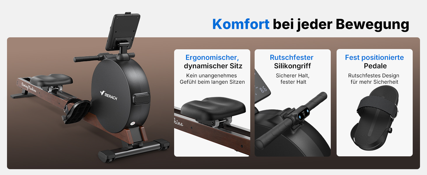 Гребний тренажер MERACH для дому з магнітним опором 60 кг, автоматичною регулюванням, LED-дисплеєм та подвійними дерев'яними рейками (R21)