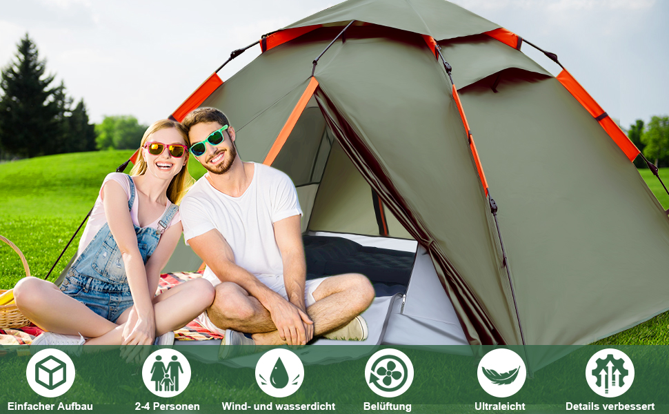 Намет для кемпінгу з тамбуром, намет для 2-4 особи, водонепроникний PU5000, для відпочинку, подорожей, трекінгу, саду, куполоподібний, ультралегкий, рюкзак, 2025, армійний зелений (Pop Up)