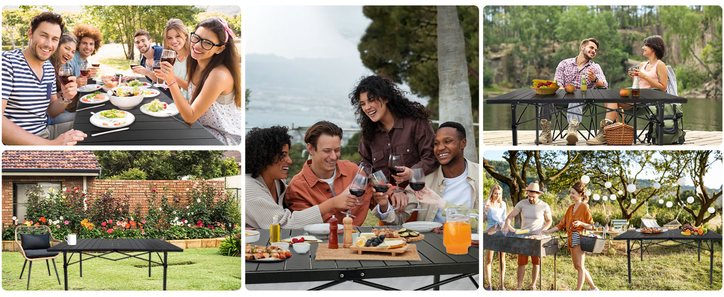 Стіл для кемпінгу Poeopore, розкладний, алюміній, великий, на 4-6 осіб, чорний, 140 x 70 x 70 см