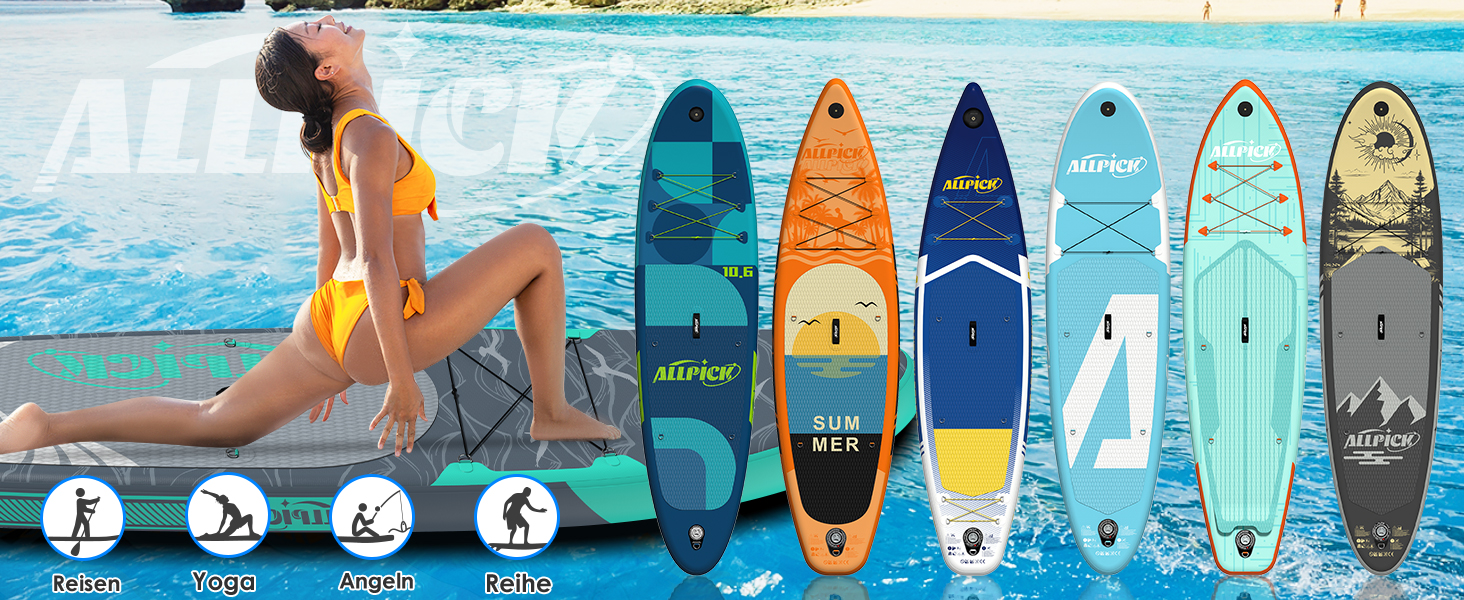 Надувний SUP-борд ALLPICK Premium Set: Комплект для станд-ап паділінгу з аксесуарами, кріпленням для камери та регульованим веслом (200 кг, Сіво-бірюзовий)