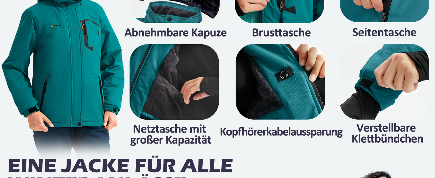 Жіноча водонепроникна гірськолижна куртка GEMYSE з флісовою підкладкою та капюшоном, для активного відпочинку, кольору смарагдова блакить (L)