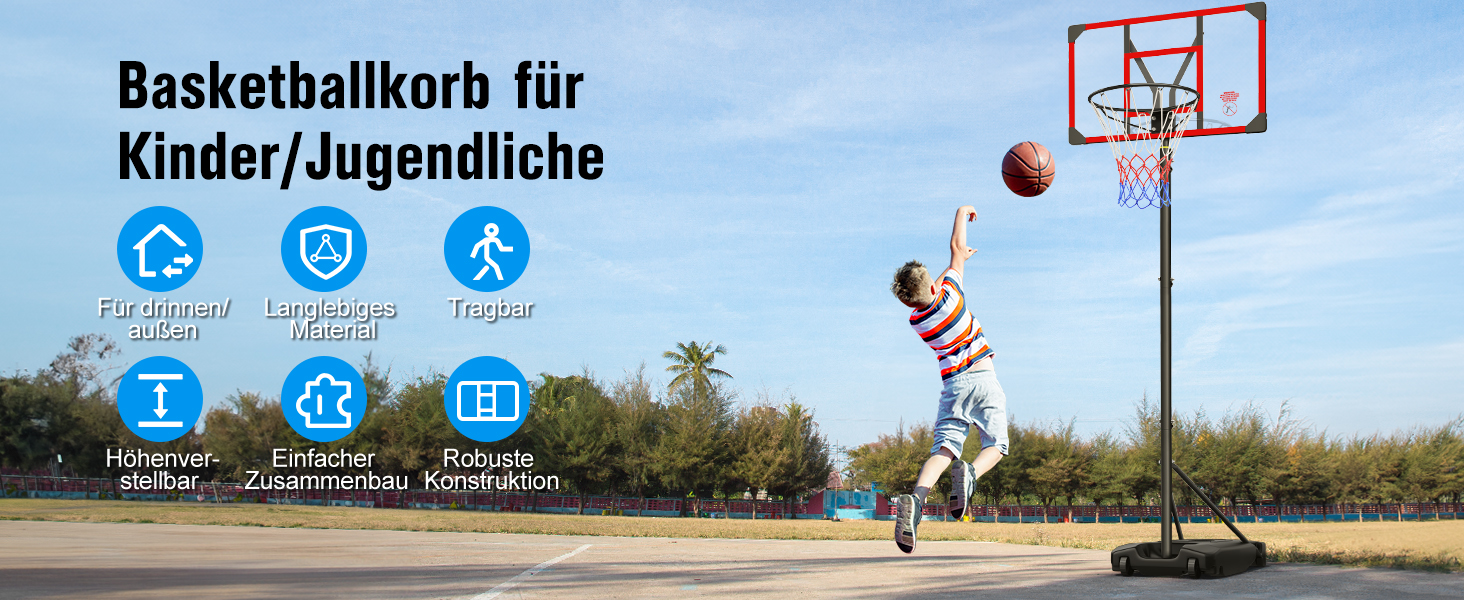 Баскетбольний кошик Outdoor з підставкою, регульована висота 147-260 см, ударостійка задня стінка 82x53 см, збільшений діаметр та колеса, для гри в приміщенні та на вулиці, червоний