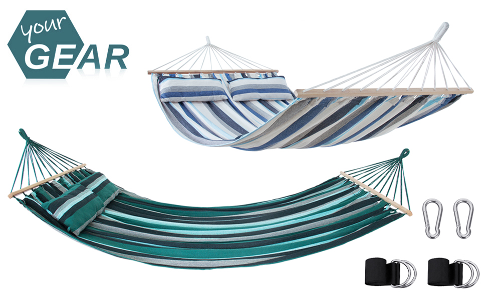 Гамак yourGEAR Kauai XXL 240x160 см з подушкою, бавовна, до 300 кг, смарагдовий/аква, для двох осіб, з кріпленням, сертифікат TÜV