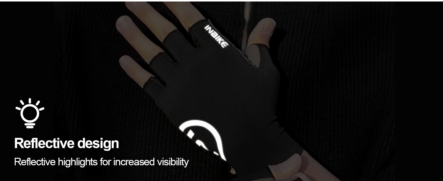 Велосипедні рукавички INBIKE літні напівпальцеві дихаючі, з еластичністю, для шосе та MTB, 3 мм SDR, антиковзаючі, з світловідбиваючими елементами, чорні, чоловічі/жіночі