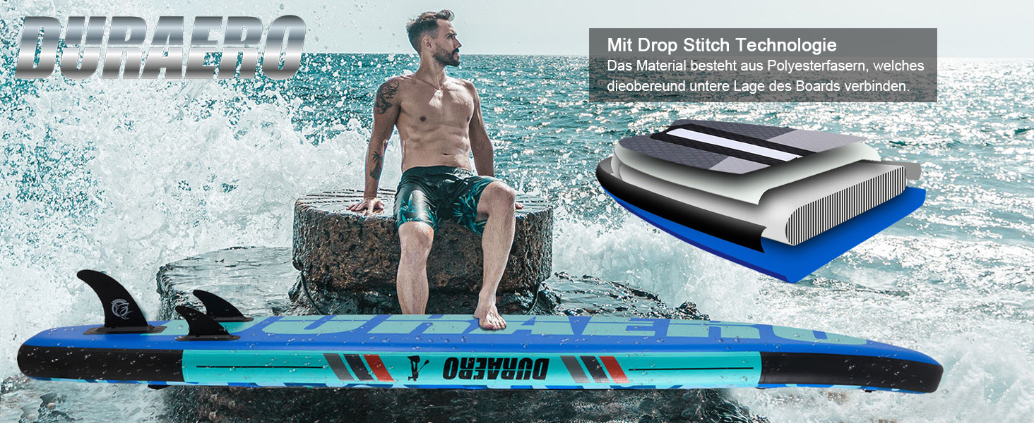 Надувний SUP-борд для веслування стоячи з каяковим сидінням, 330x76x15 см, вантажопідйомність до 150 кг, кріплення Cam, інтегрована підставка для ніг, 3 плавники, регульоване дволопатеве весло, повний комплект аксесуарів, блакитний камуфляж