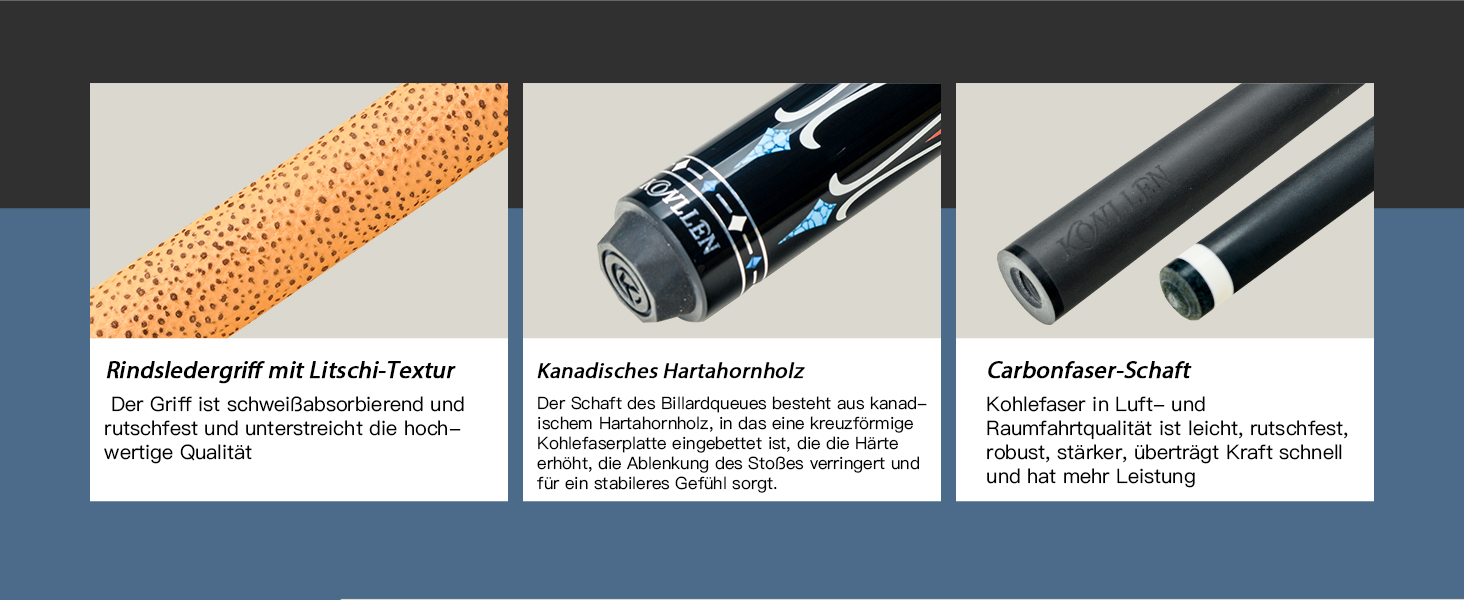 KONLLEN Billardqueue з карбону, 58 дюймів, професійний бик для дорослих, технологія Vollcarbon, низький коефіцієнт відхилення, бик для більярду з наконечником 12,5 мм (Pro Taper, ультрагладкий) KL-09