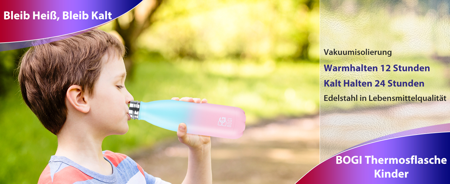 BOGI Термофляга для води 500 мл, металева, з нержавіючої сталі, для дівчаток та хлопчиків, з щіткою для чищення, Dred