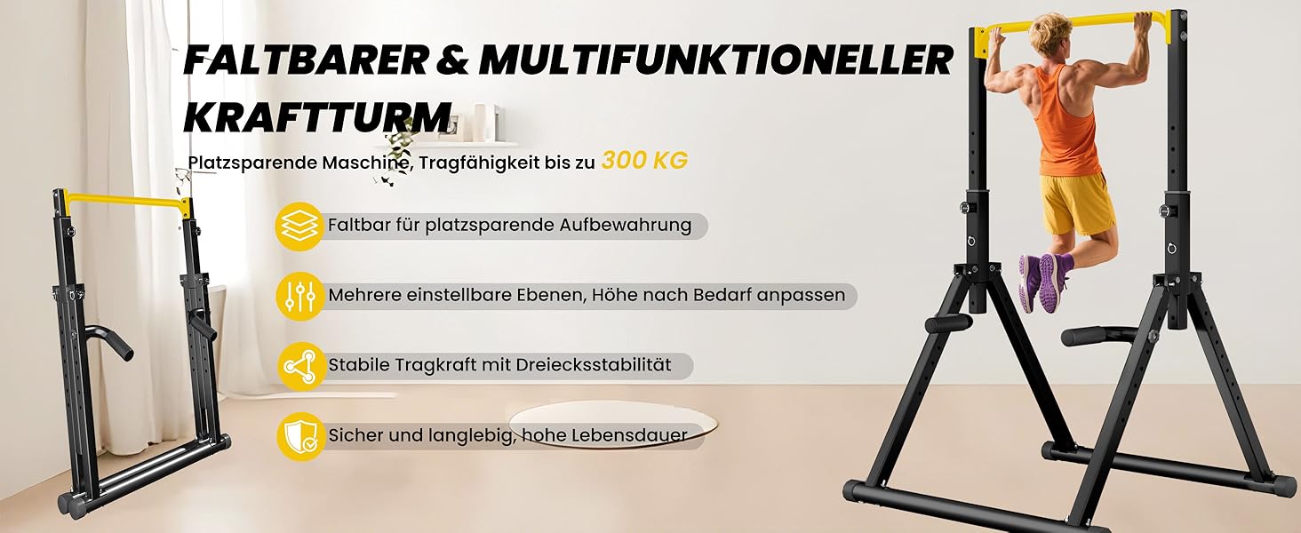 Стійка для віджимань та підтягувань DOBESTS Faltbar Power Tower - багатофункціональний тренажер для дому, чорний (4 жовтих акцентів)