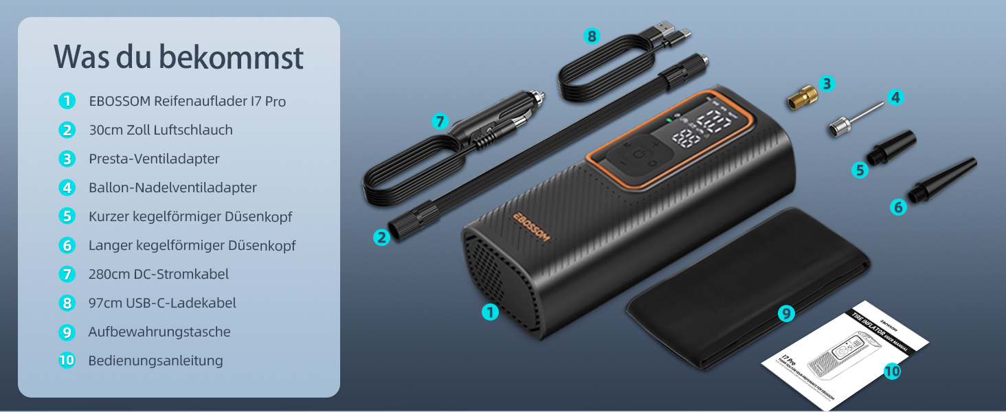 Електрична повітряна помпа 10.3 Bar з акумулятором, 6000mAh та 12V DC, для авто, мото, велосипеда, з LED-ліхтариком та автовимкненням (Оранжева, I7)