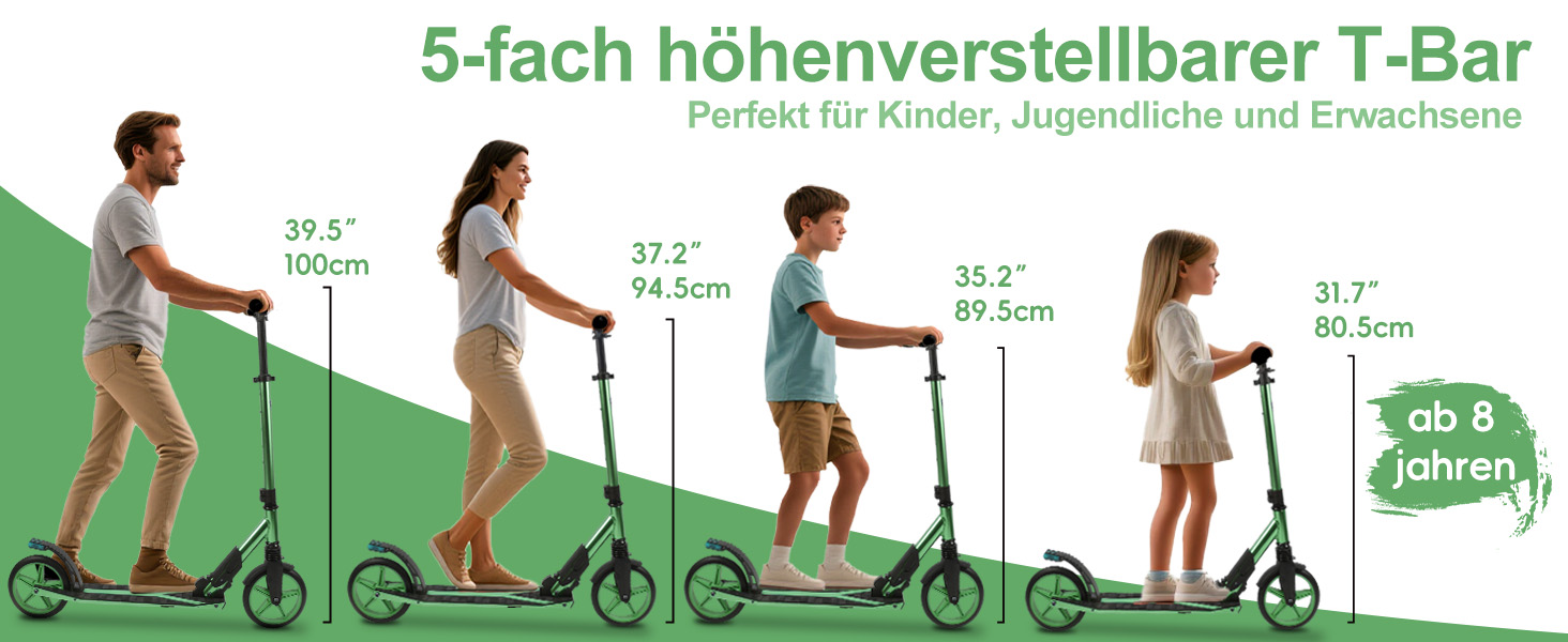 Скутер Lamborghini Tretroller Cityroller Big Wheel: складний, регульована висота, для дорослих та дітей, з підставкою, передньою підвіскою та гальмом на задньому колесі, до 100 кг (зелений)