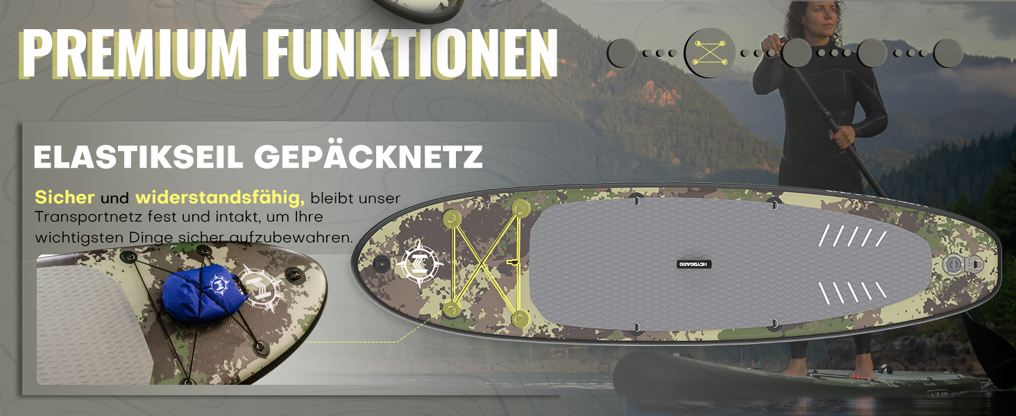 Надувна SUP-дошка HEYBOARD для веслування стоячи, комплект: насос, рюкзак, скловолоконне весло, страхувальний шнур, для водних видів спорту