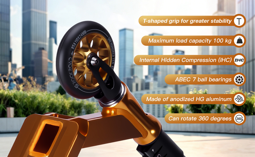 SUOTU Професійний стент-скутер, 360° кермування, роликовий скейт з колесами 110 мм 85A PU, для дітей, підлітків та дорослих, вантажопідйомність 100 кг, алюміній, чорний – золотий