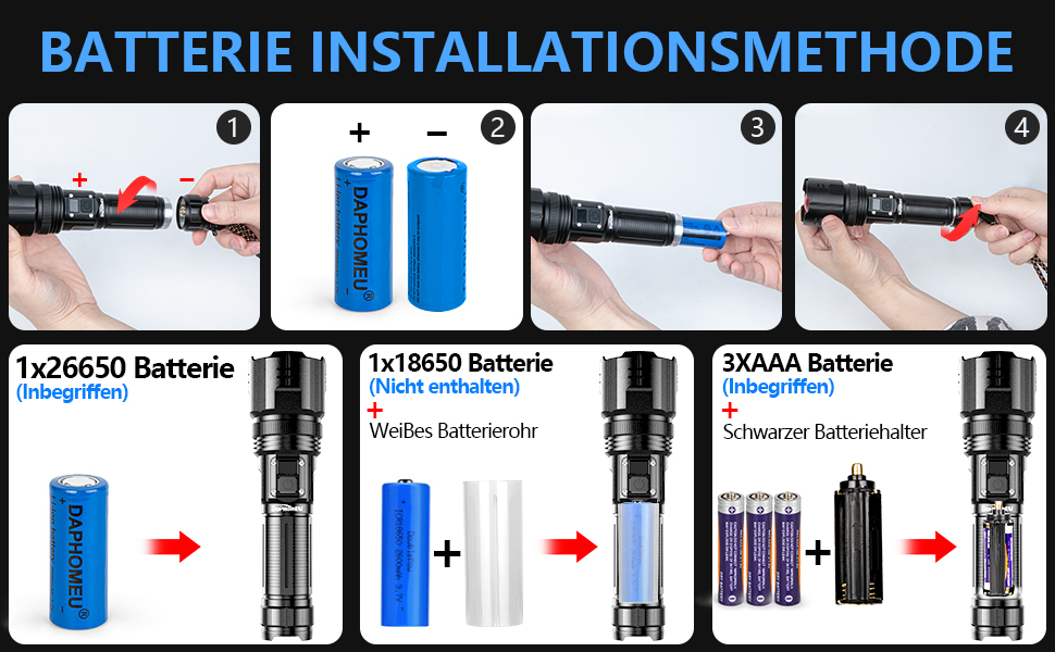 Тактичний ліхтарик DapoHomeu LED, 500000 люмен, перезаряджається, тактичний, з функцією зуму, водонепроникний, 5 режимів освітлення для кемпінгу, туризму та надзвичайних ситуацій