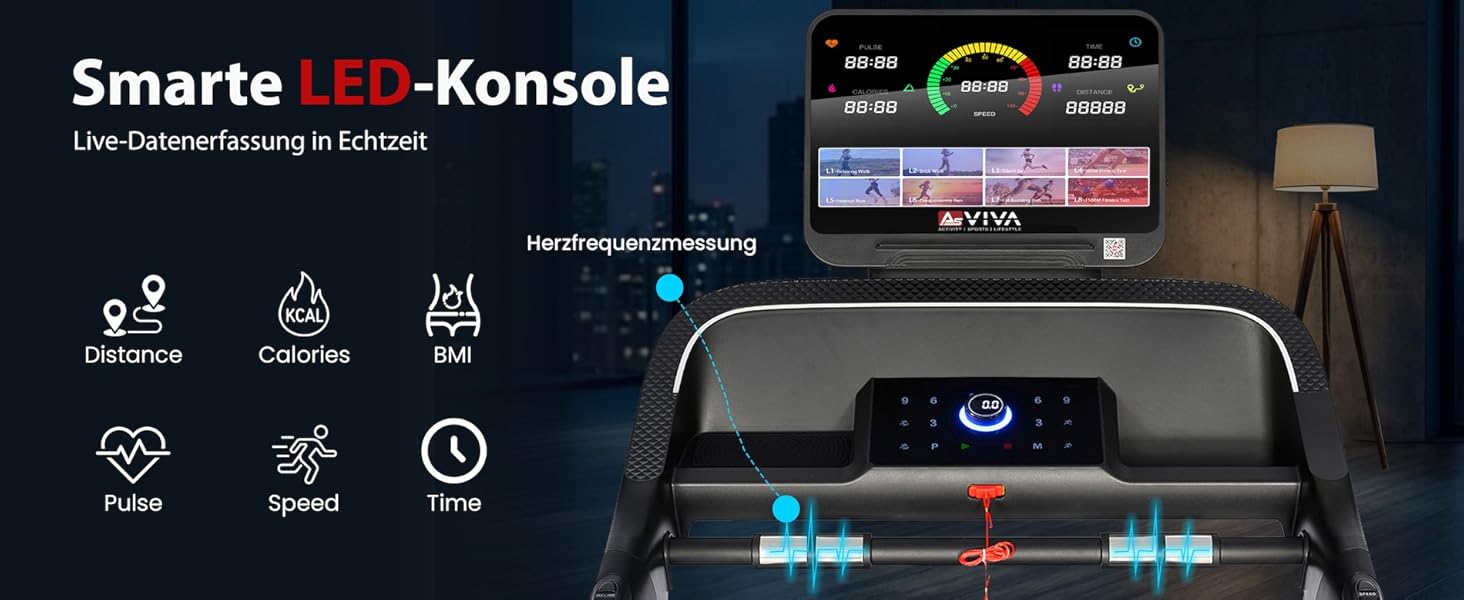 Бігова доріжка AsVIVA T20 Pro для дому: складана, швидкість до 18 км/год, нахил 20%, амортизація, макс. вага 150 кг, тренажер для кардіо та витривалості