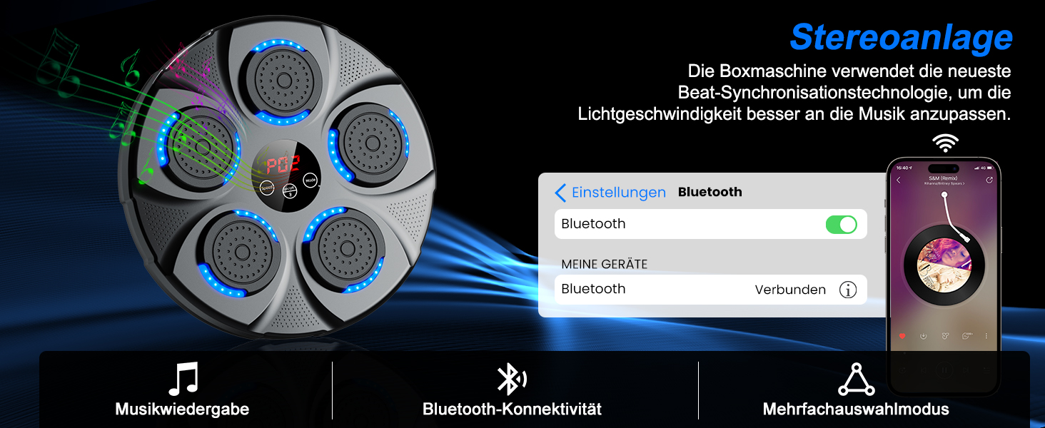 Музична боксерська машина на стіну, професійна модель з Bluetooth, 9 швидкостей та режимів, для дітей та дорослих, чорна