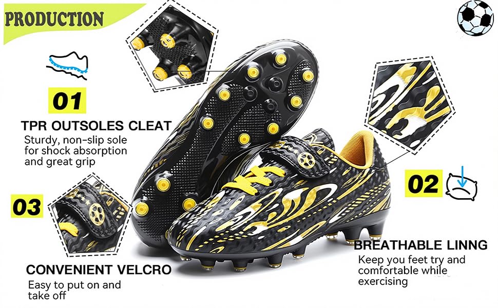 Дитячі футбольні бутси для хлопчиків та дівчаток. Професійні футбольні бутси з шипами для тренувань. Розмір 29 EU, чорний та золотий колір.