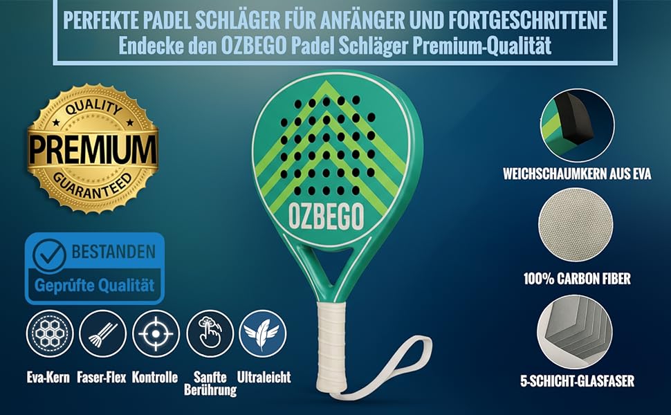 Набір для падел-тенісу Ozbego: повний карбон, сумка, 2 овергрипи, бандаж на зап'ястя, захисна плівка. Підходить для початківців та досвідчених гравців. Легкий та довговічний. Чорний та зелений колір.