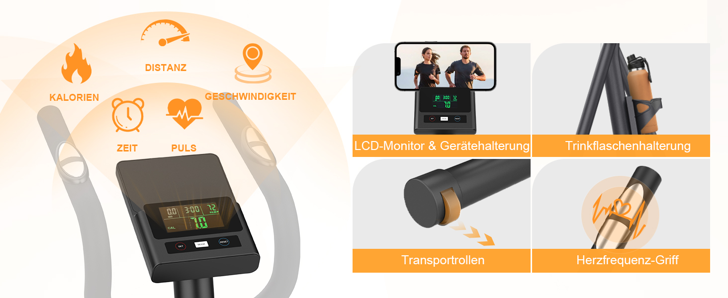 Еліптичний тренажер Neezee з Bluetooth, 16 рівнів опору, 6 кг маховиком, LCD-монітором та датчиком пульсу (Оранжевий + Чорний)