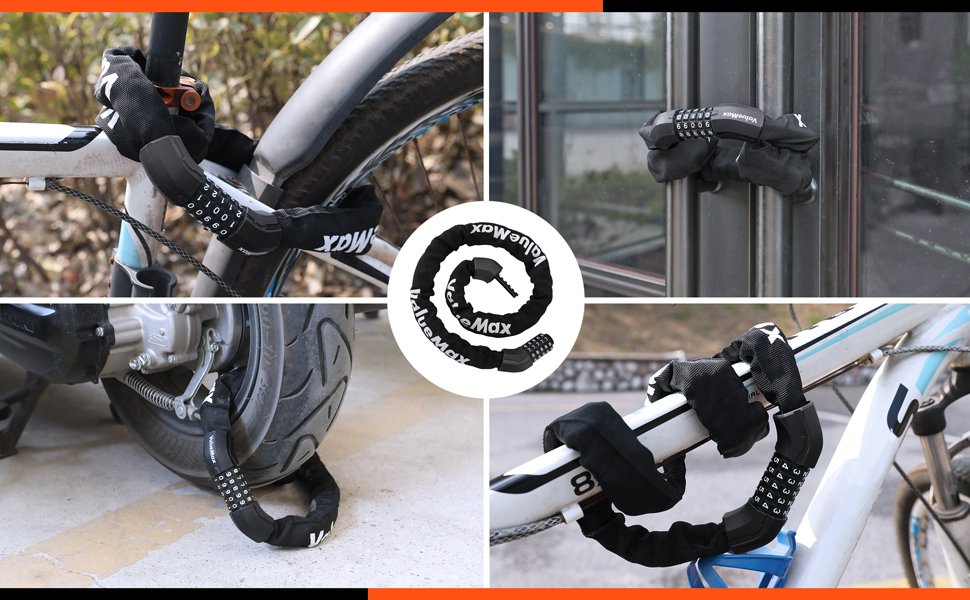 Замок для велосипеда ValueMax з кодовим замком, 100 см, 5-значний код, сталевий ланцюг 8 мм, чорний/білий