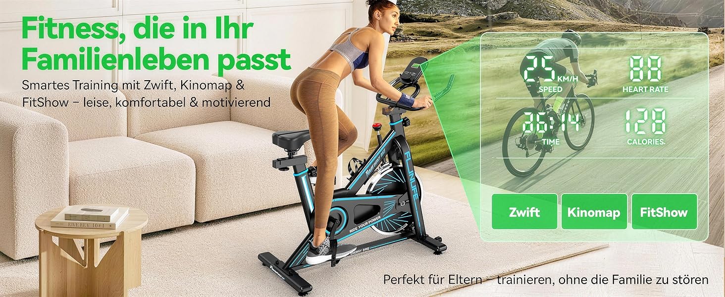 Велотренажер FunLife C1 з Bluetooth та App (FitShow, Kinomap), ремінний привід, плавний регулятор навантаження, регульоване сідло та кермо, до 120 кг, блакитний