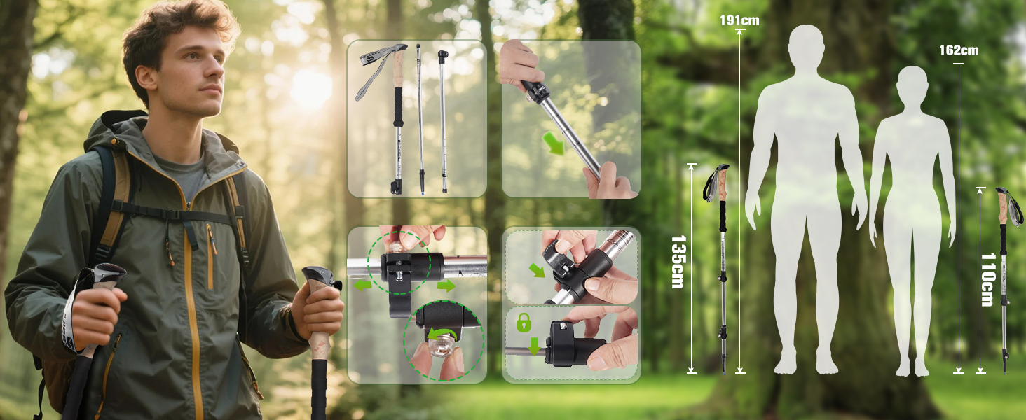 Телескопічні палиці для скандинавської ходьби Nordic Walking з корковими ручками, алюмінієві регульовані палиці для хайкінгу та прогулянок, 62–135 см, чорні (Upgrade 2025)