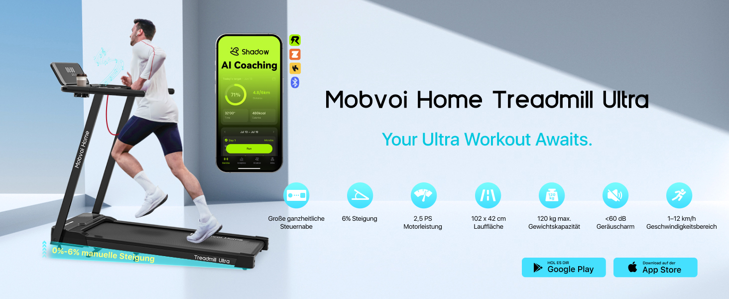 Біговий тренажер Mobvoi Home Ultra 3-в-1 з AI, нахил 6%, потужність 2.5 PS, підтримка TicSports, Zwift, Kinomap, швидкість 12 км/год, максимальне навантаження 120 кг