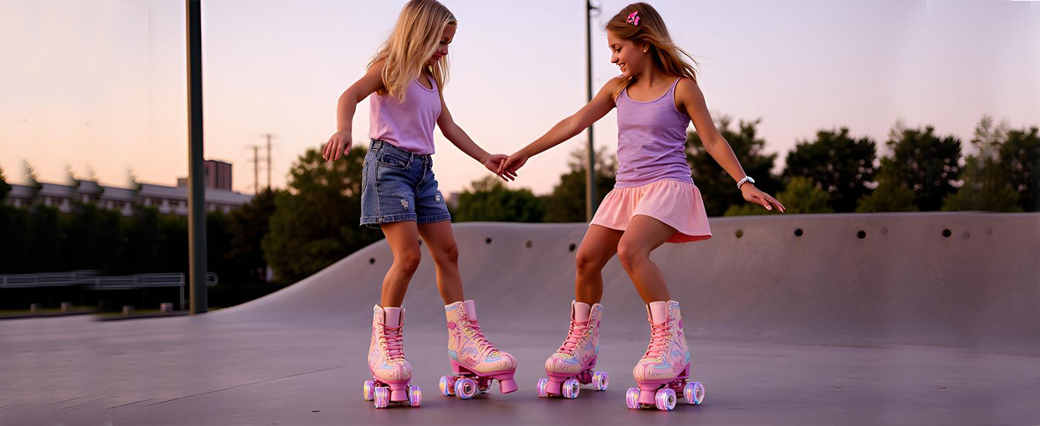 Роликові ковзани XUDREZ з підсвічуванням для дітей та дорослих, рожевий принт, Quad-Skates, регульовані, для дівчаток, дам та початківців, розмір 34