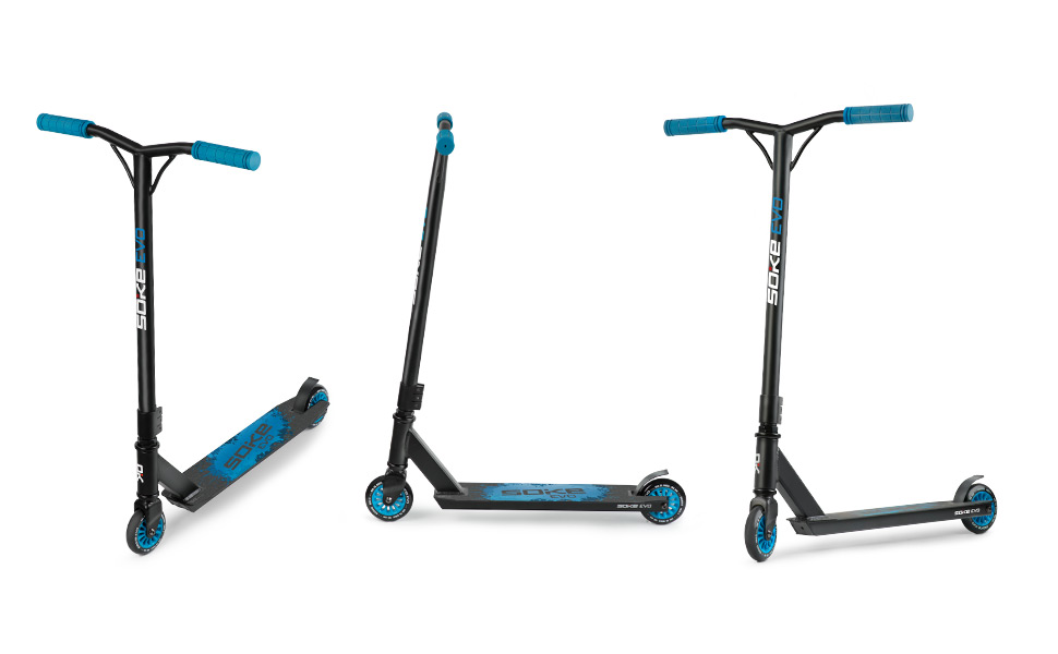 SOKE Evo: Скутер для екстремального катання в скейтпарку - ABEC-9 підшипники, сталевий Y-образний кермо з TPR-поручнями, алюмінієва дека, PU-колеса 88A, стандартний синій колір