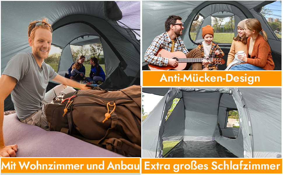 Намет для кемпінгу на 4 особи: водонепроникний тунельний намет для сім'ї та групи, з шатром для сну, сірий