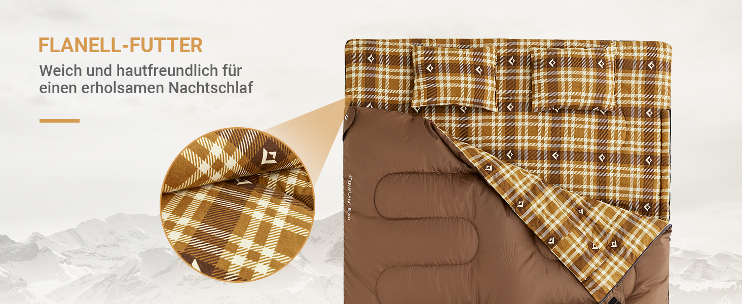 Спальний мішок KingCamp для 2 осіб з фланелі, зимовий, теплий, 3-4 сезони, з 2 подушками, для кемпінгу та відпочинку на природі, синій