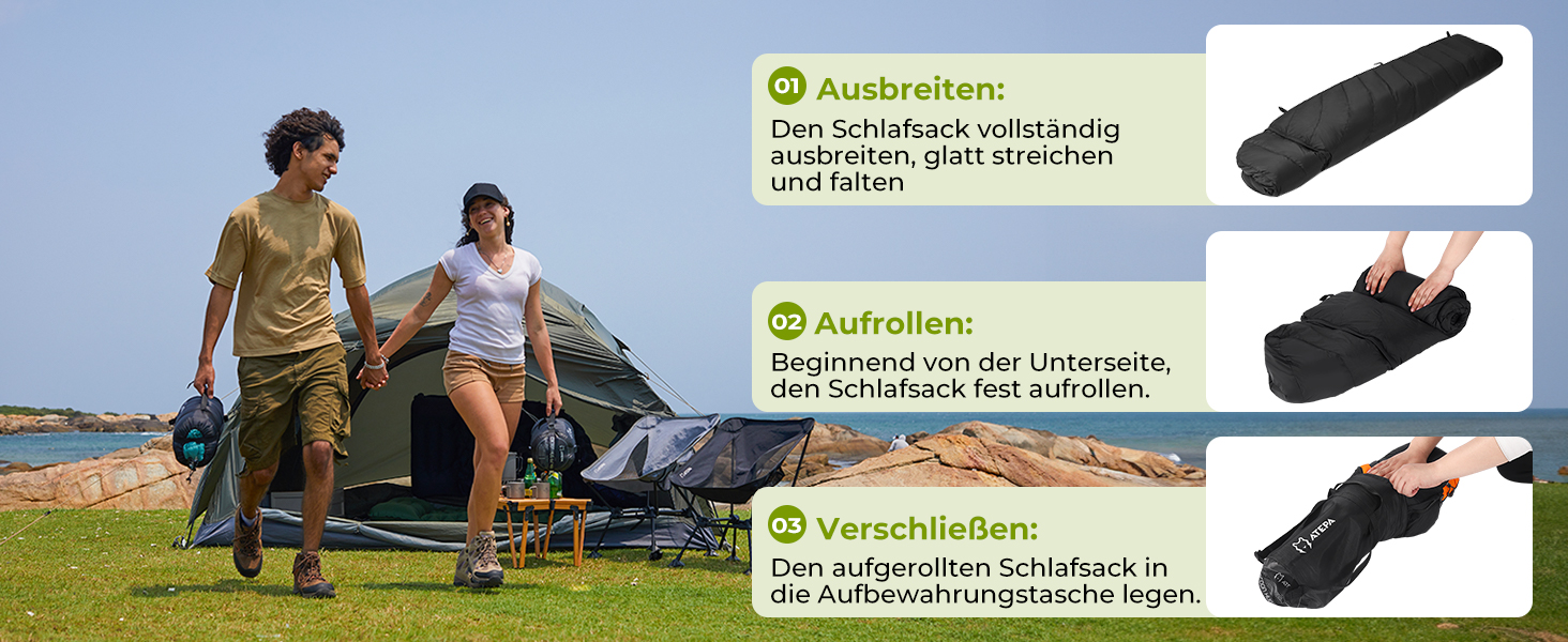 Спальний мішок ATEPA Ultraleicht Daune 650/700FP, 3-сезонний (12°C / 6°C / -1°C), легкий та компактний, водовідштовхувальний, для кемпінгу, походів, трекінгу та рюкзакових подорожей, з компресійним мішком. Комфортна температура 12°C, межа допустимої температури 7°C - Чорний (ThermaPlus Max, комфортна температура 7°C, межа допустимої температури 2°C - Чорний)