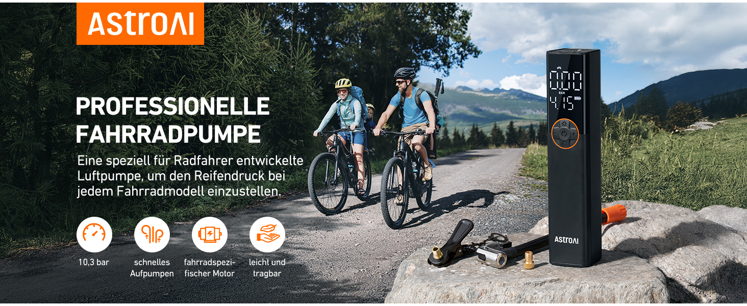 AstroAI Електрична велосипедна помпа, 150 PSI, портативна, акумуляторна, універсальна, для всіх типів велосипедів, з високопродукним мотором, перезаряджається, для міських, шосейних та гірських велосипедів, помаранчевого кольору