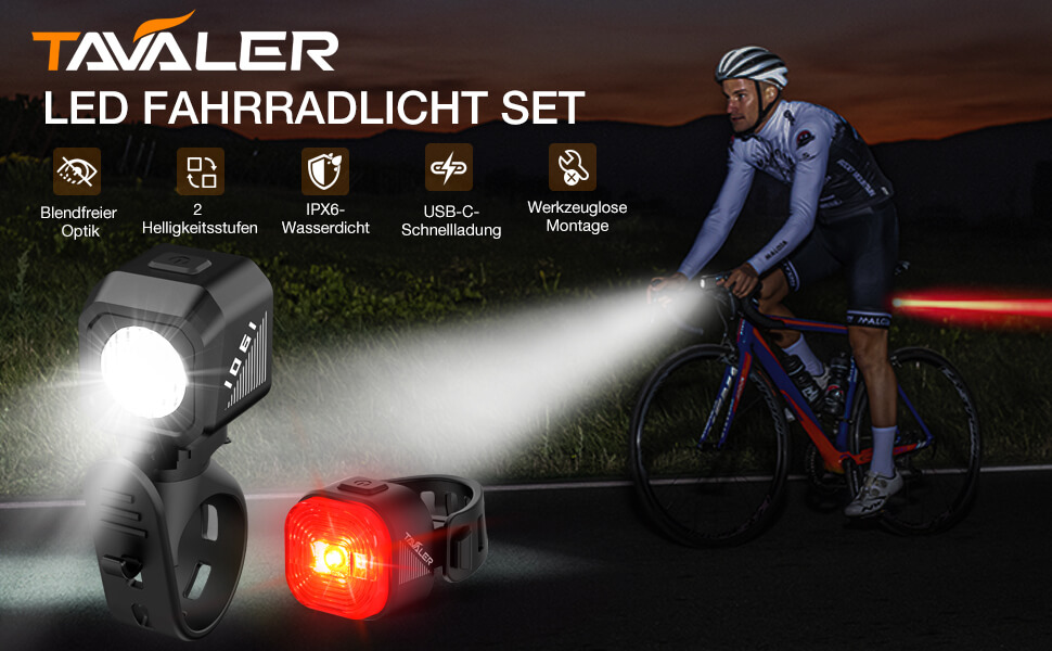 Набір велоліхтарів Tavaler USB, StVZO, IPX5, LED: передній та задній ліхтарі