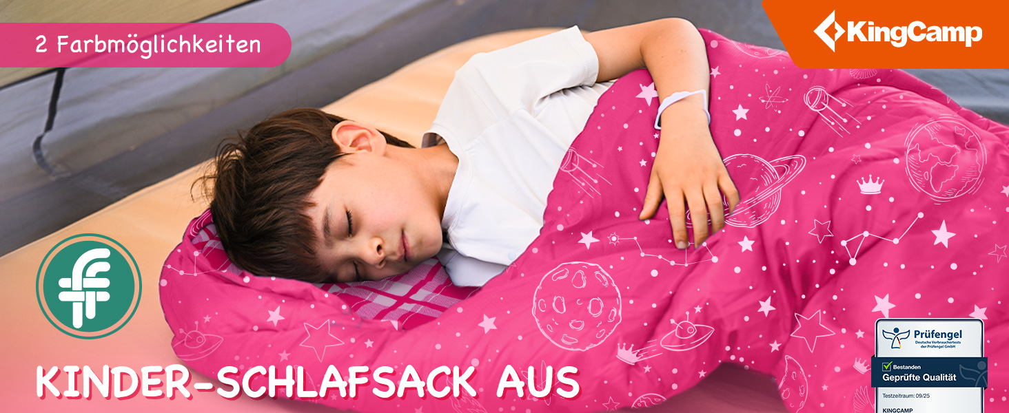Спальний мішок KingCamp для дітей, фланелевий, легкий, водонепроникний, компактний, зимовий, 4 сезони, для кемпінгу, підходить для дітей до 140 см, комфортна температура: 7°C, рожевий, регульована довжина