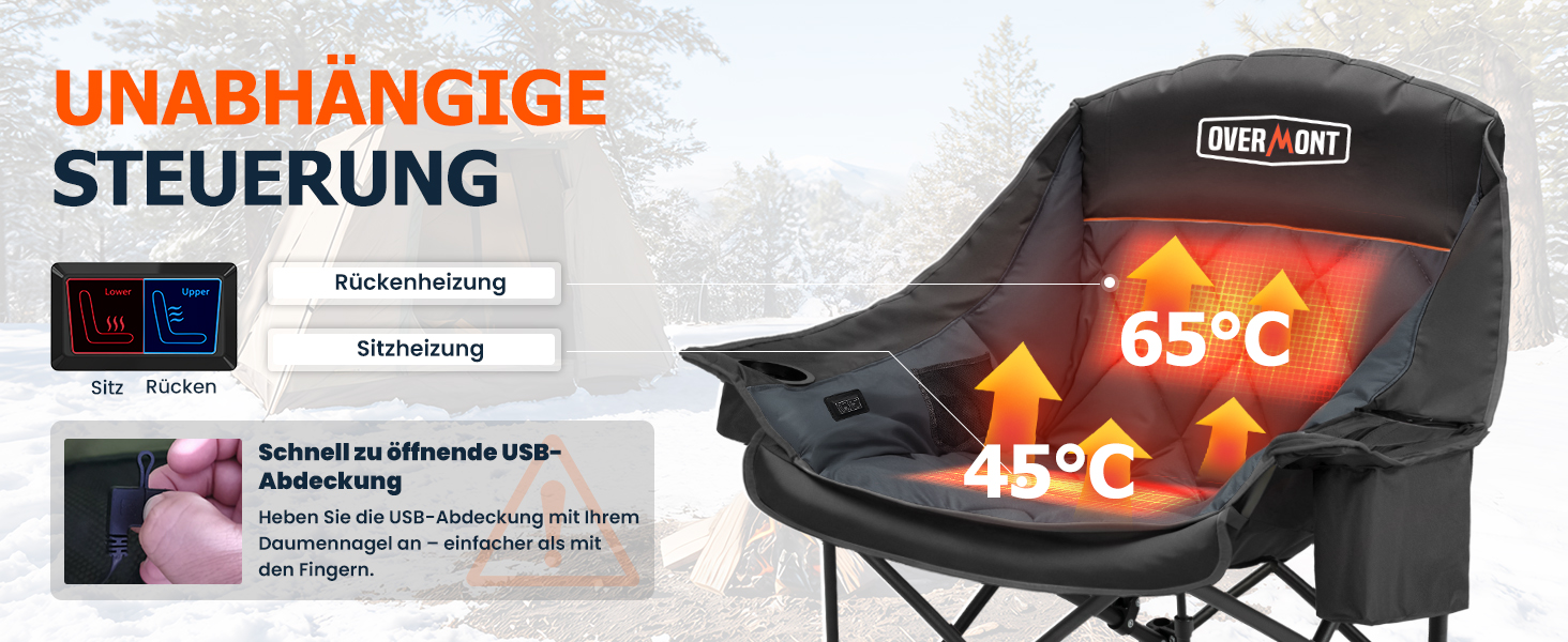 Овермонт: Обігрівальний XL стілець для кемпінгу, дорослий – складаний стілець, ідеальний для зимових походів, кемпінгу та риболовлі (Чорно-сірий)