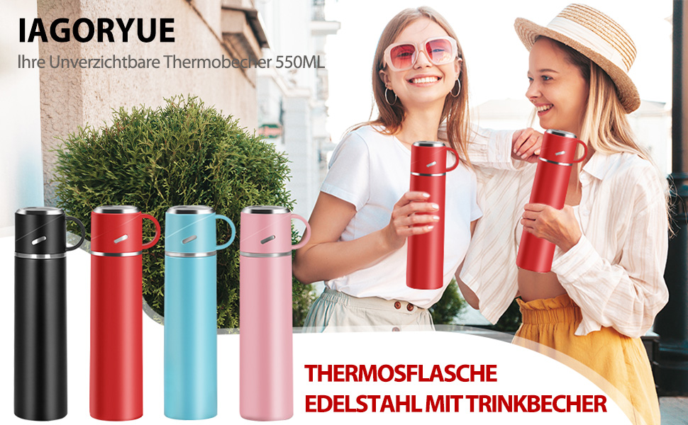 Термос IAGORYUE з нержавіючої сталі, 0.55л, з ізоляцією та виливним кришкою, подвійні стінки, зберігає тепло/холод до 12 годин, для спорту, офісу, відпочинку на природі (червоний)