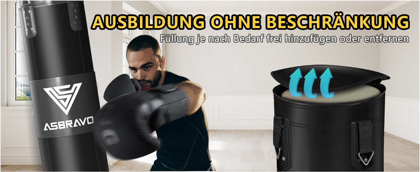 Боксерський мішок ASBRAVO для дорослих, комплект з рукавичками 12oz, для MMA, муай-тай, кікбоксингу, тренувань вдома, чорний
