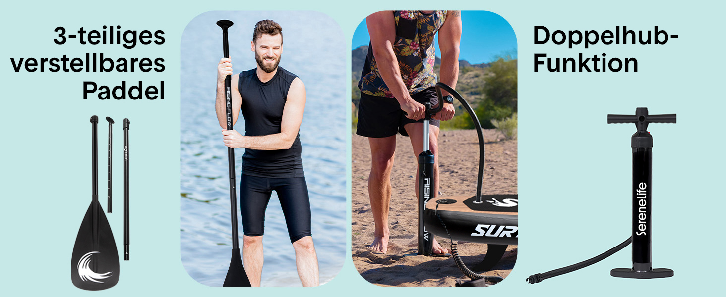 Надувний SUP SereneLife для дорослих та дітей: комплект з веслом, насосом та сумкою. Touring SUP для річки, моря та озера. Максимальне навантаження 155 кг.