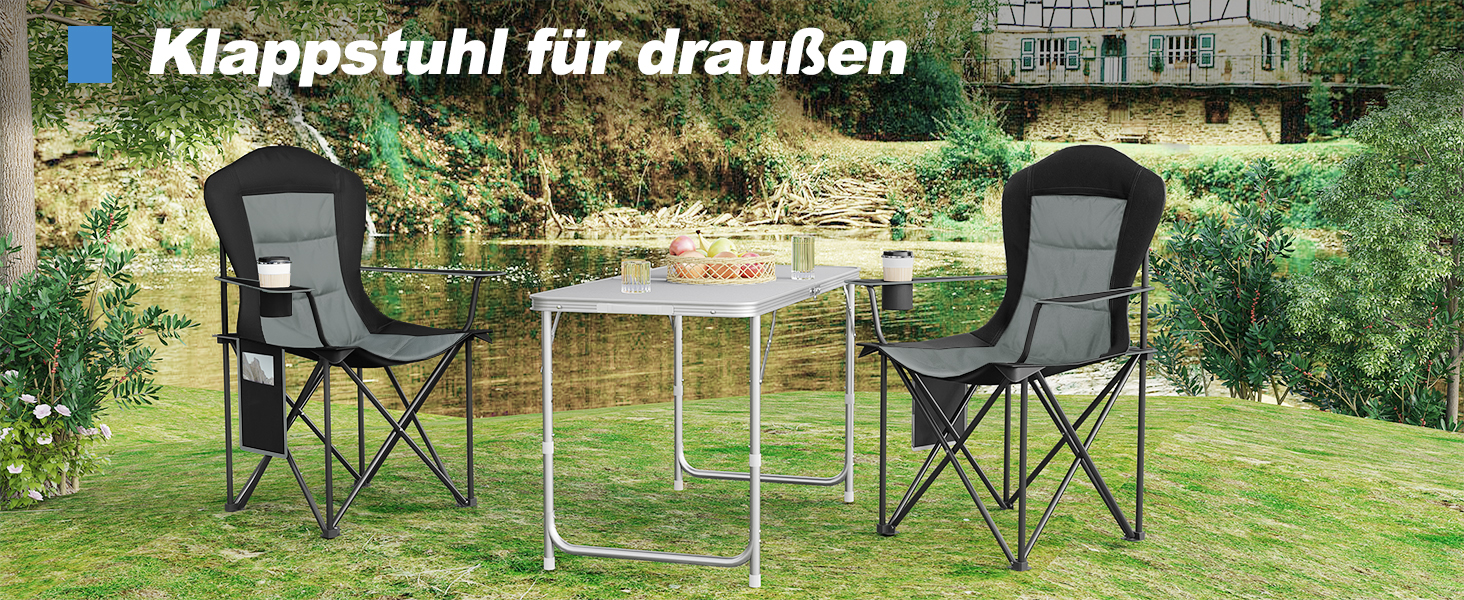 Складний туристичний стілець WOLTU - легкий, для відпочинку на природі, риболовлі, кемпінгу. Макс. навантаження 150 кг, з кишенею для напоїв, чорний + темно-сірий