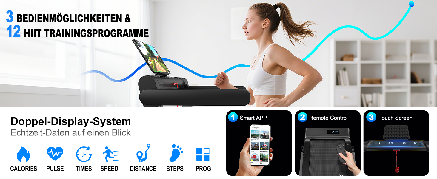 Бігова доріжка Laufband для дому складана з мотором 3.0 к.с., 1-12 км/год, 12 програм, Bluetooth, LED-дисплей, для офісу та фітнесу, макс. 12 км/год