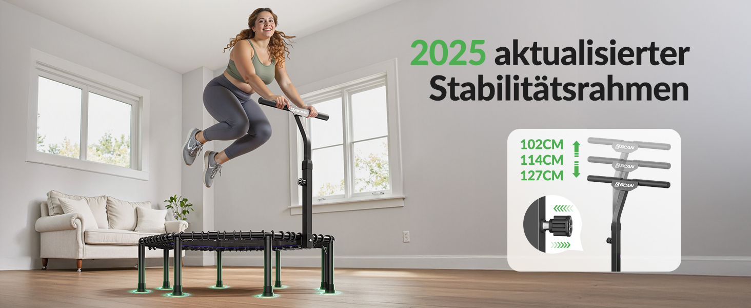 Трамплін для дому BCAN Fitness, діаметр 102/122/130 см, пружинний/з еластичними тросами, для дорослих до 250 кг, з регульованими ручками, тихий та з низькою вібрацією, зелений 102 см