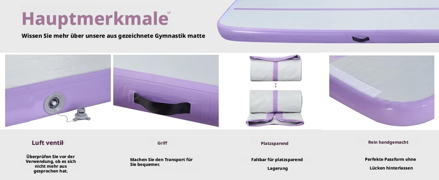 Гімнастичний мат Air Track для тумблінгу та йоги з електричним насосом, водонепроникний та протиковзний, фіолетовий (300x100x10 см)