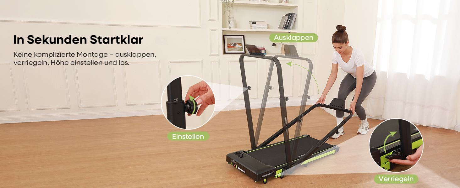 Бігова доріжка Walking Pad з нахилом 10%, 3.0 к.с., складна, для дому з магнітним пультом, LED-дисплеєм, висувними поручнями, 12 програм HIIT, до 136 кг, зелена