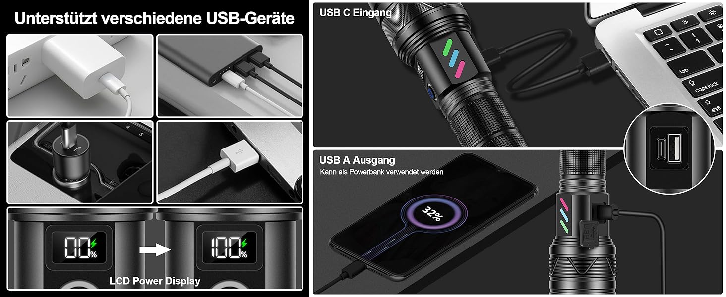 ESGREEN Тактичний ліхтарик LED 1000000 люменів, USB-C, Zoom, 5 режимів, для кемпінгу та безпеки, 32 Вт·год