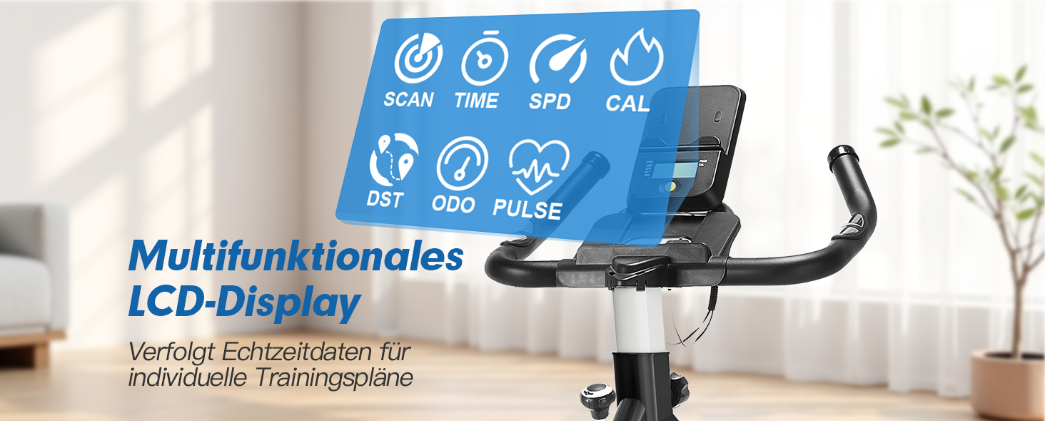 Велотренажер для дому: фітнес-велосипед з пульсометром, LCD-дисплеєм та підставкою для iPad, регульоване сидіння та опір, чорний