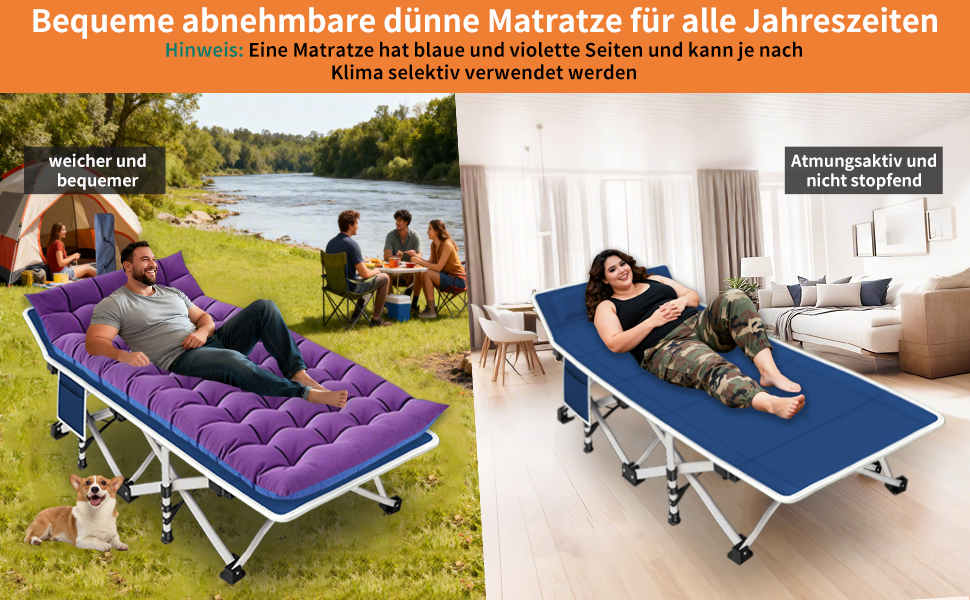Кемпінгове ліжко з матрацом, розкладне, для відпочинку на природі та вдома, 200 кг, блакитне