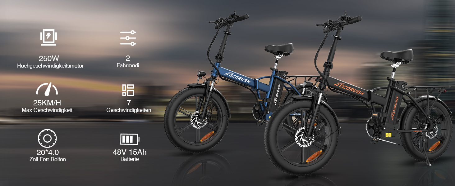 Велосипед складаний ECORUSH E-Bike 20 товста шина 250Вт/48В/15Ач, синій