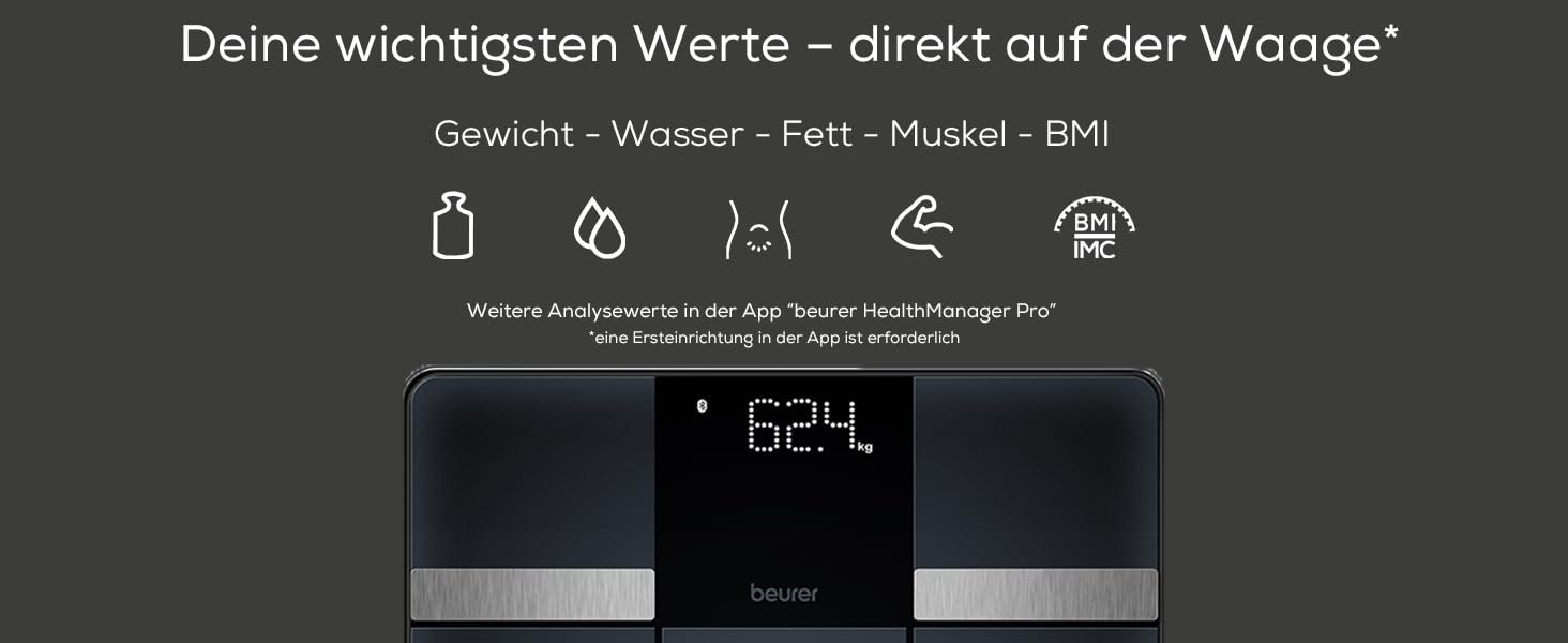 Ваги Beurer BF 450 з підключенням до додатку через Bluetooth, аналіз складу тіла (жир, м'язи, BMI), 17 показників, 8 пам'яток, максимальне навантаження 180 кг